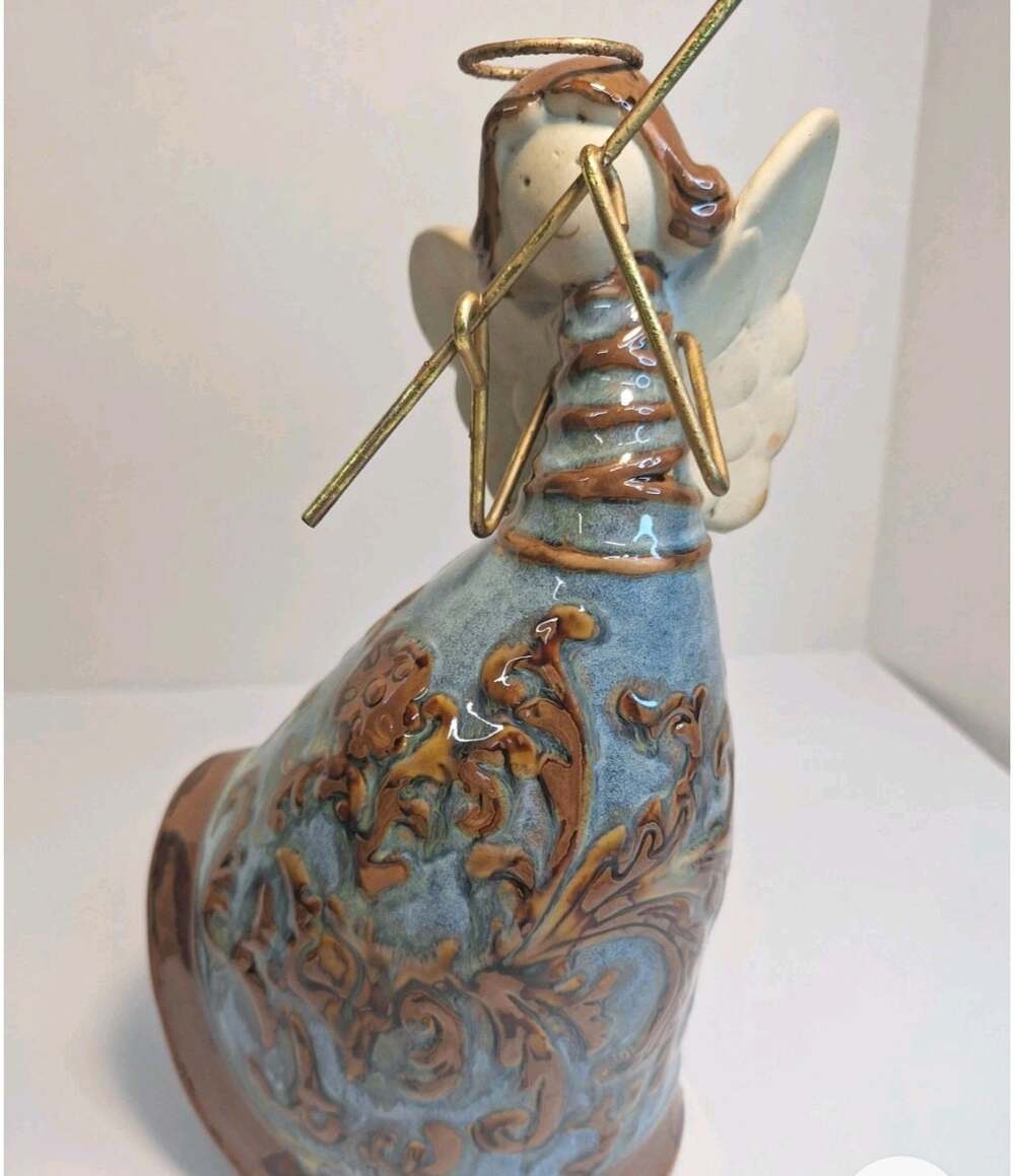 Ceramic Angel Figurine, Blue, Brown & Gold Accents. With Halo & Flute